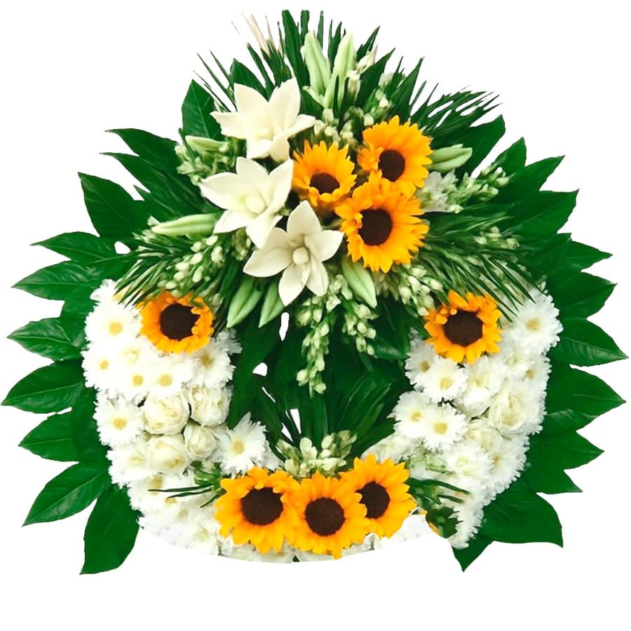 Coroană cu floarea-soarelui și crini